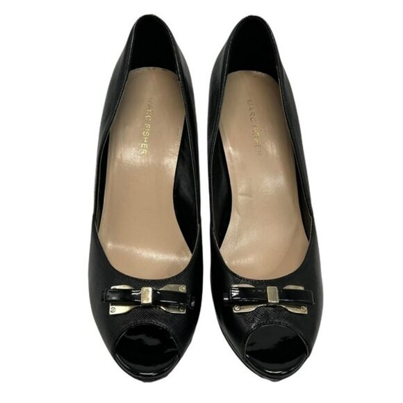 Marc Fisher Marsha Black Leather Peep Toe Platform Pumps with Bows - Picture 5 of 12